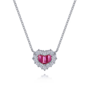 18 inch 14K White Gold Heart Ruby and Diamond Heart Pendant Necklace