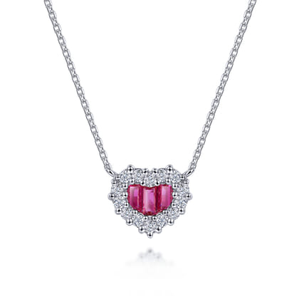 18 inch 14K White Gold Heart Ruby and Diamond Heart Pendant Necklace