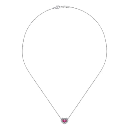 18 inch 14K White Gold Heart Ruby and Diamond Heart Pendant Necklace