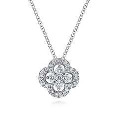 18 inch 14K White Gold Open Clover Diamond Pendant Necklace