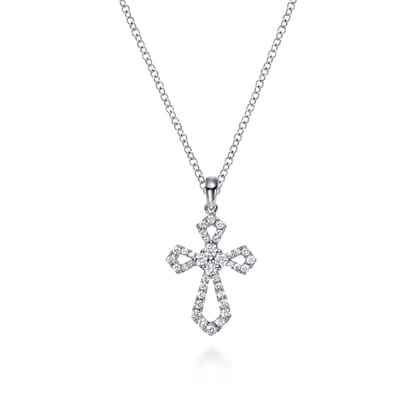 18 inch 14K White Gold Open Diamond Cross Pendant Necklace