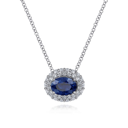 18 inch 14K White Gold Oval Sapphire and Diamond Halo Pendant Necklace