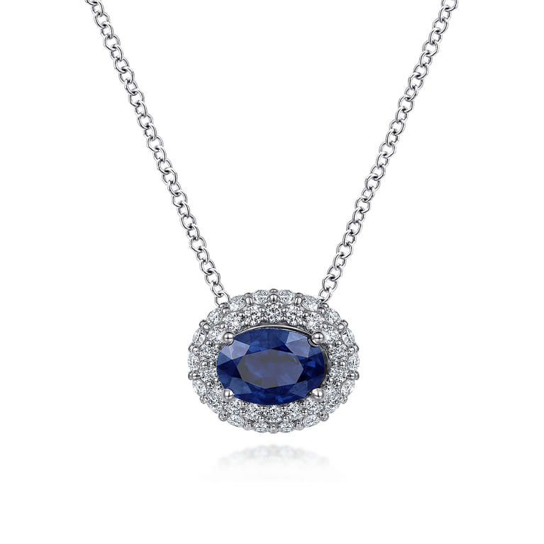 18 inch 14K White Gold Oval Sapphire and Diamond Halo Pendant Necklace - 0.35 ct - Shot 1