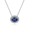 18 inch 14K White Gold Oval Sapphire and Diamond Halo Pendant Necklace - 0.35 ct