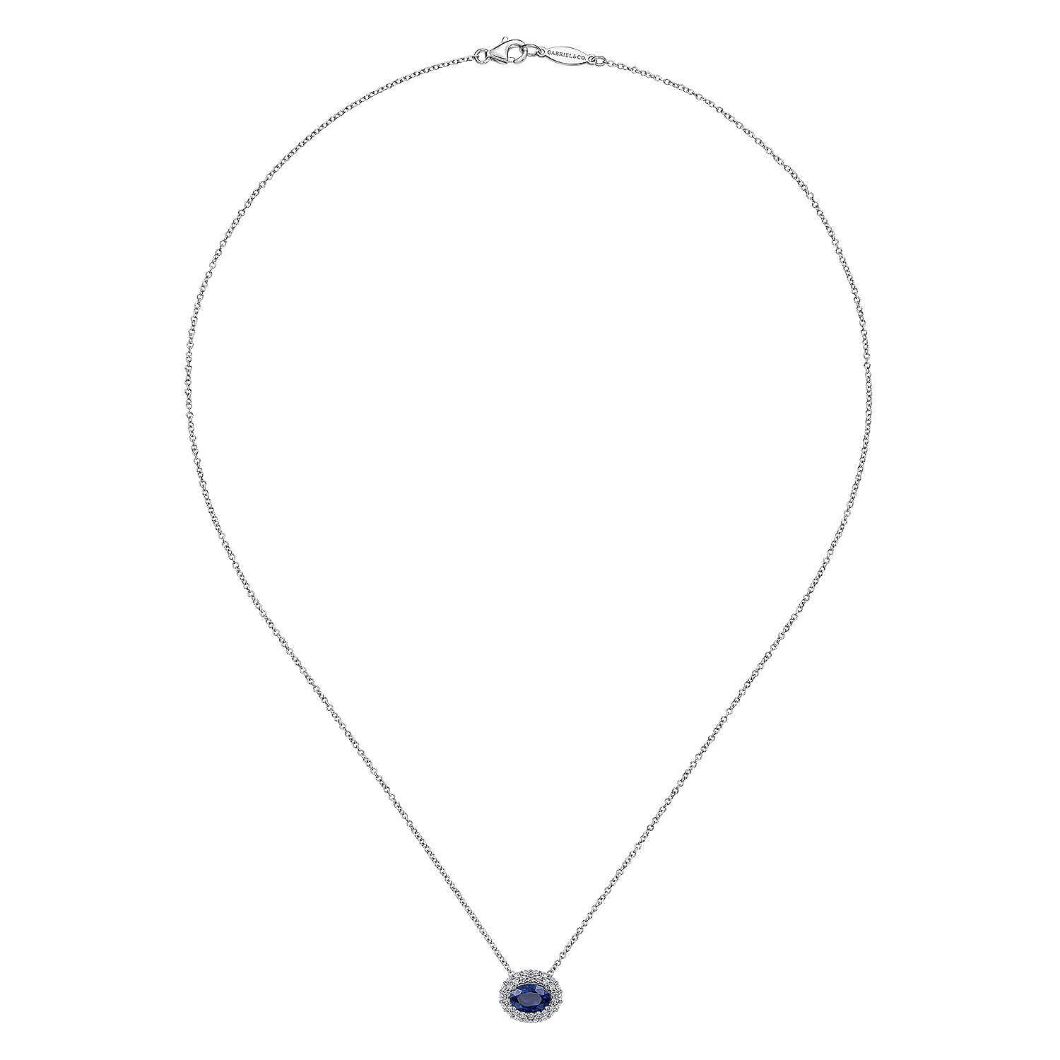 18 inch 14K White Gold Oval Sapphire and Diamond Halo Pendant Necklace - 0.35 ct - Shot 2