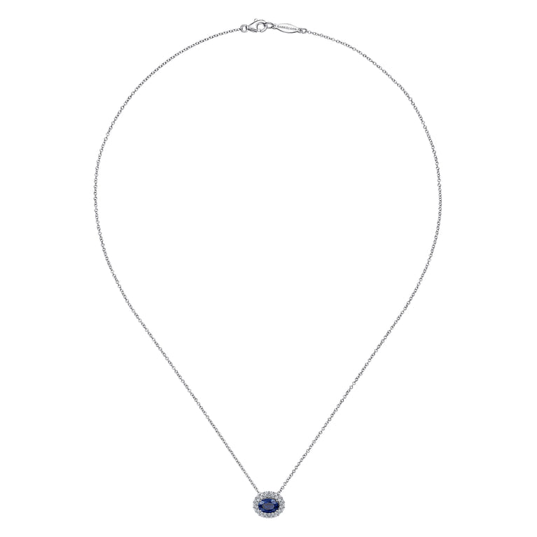 18 inch 14K White Gold Oval Sapphire and Diamond Halo Pendant Necklace - 0.35 ct - Shot 2