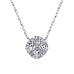 18 inch 14K White Gold Pave Diamond Cushion Pendant Necklace