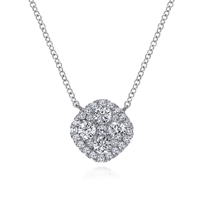 18 inch 14K White Gold Pave Diamond Cushion Pendant Necklace