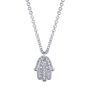 18 inch 14K White Gold Pave Diamond Hamsa Pendant Necklace