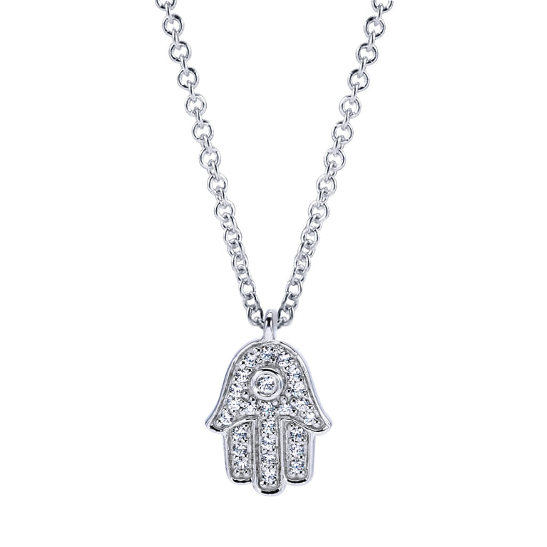 18 inch 14K White Gold Pave Diamond Hamsa Pendant Necklace - 0.12 ct - Shot 1