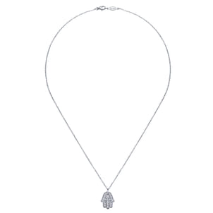 18 inch 14K White Gold Pave Diamond Hamsa Pendant Necklace
