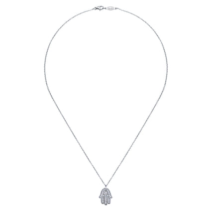 18 inch 14K White Gold Pave Diamond Hamsa Pendant Necklace