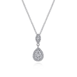 18 inch 14K White Gold Pave Diamond Pear Shaped Double Pendant Necklace