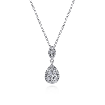 18 inch 14K White Gold Pave Diamond Pear Shaped Double Pendant Necklace