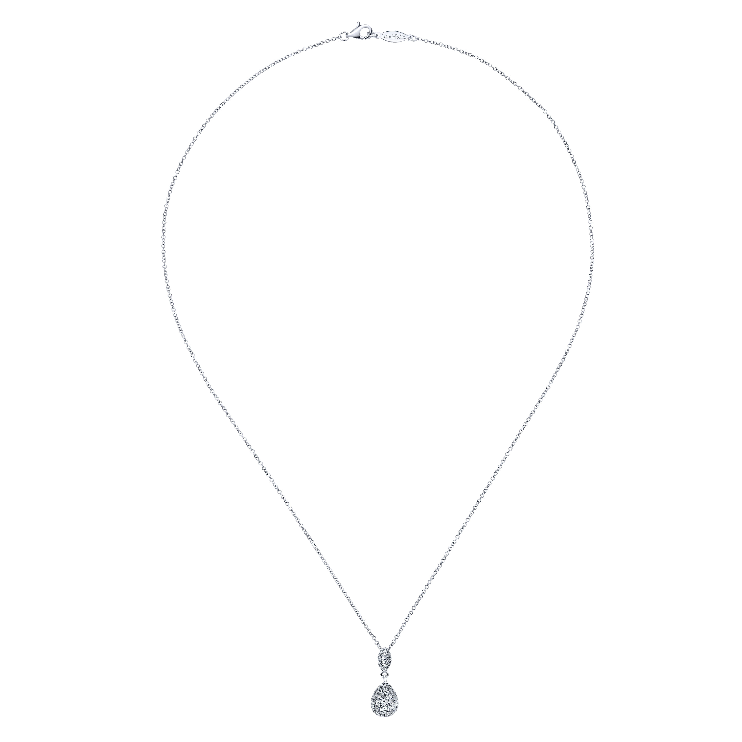 18 inch 14K White Gold Pave Diamond Pear Shaped Double Pendant Necklace