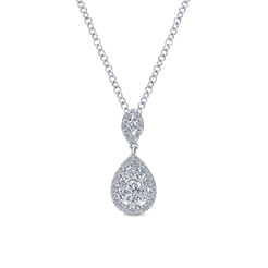 18 inch 14K White Gold Pave Diamond Pear Shaped Double Pendant Necklace
