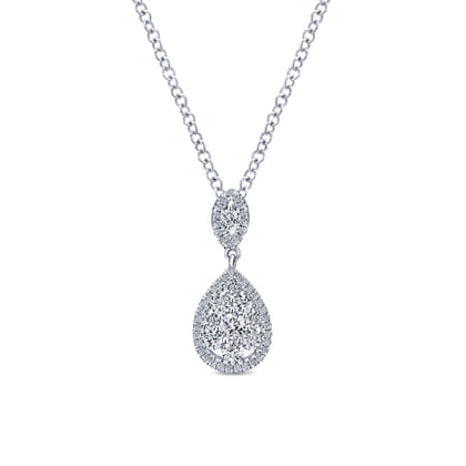 18 inch 14K White Gold Pave Diamond Pear Shaped Double Pendant Necklace