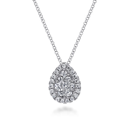 18 inch 14K White Gold Pave Diamond Teardrop Pendant Necklace
