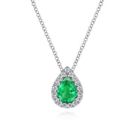 18 inch 14K White Gold Pear Shaped Emerald and Diamond Halo Pendant Necklace