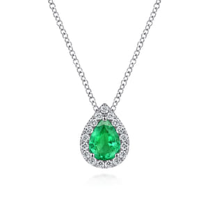 18 inch 14K White Gold Pear Shaped Emerald and Diamond Halo Pendant Necklace
