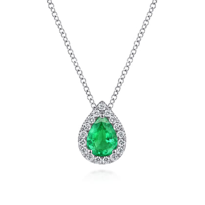 18 inch 14K White Gold Pear Shaped Emerald and Diamond Halo Pendant Necklace