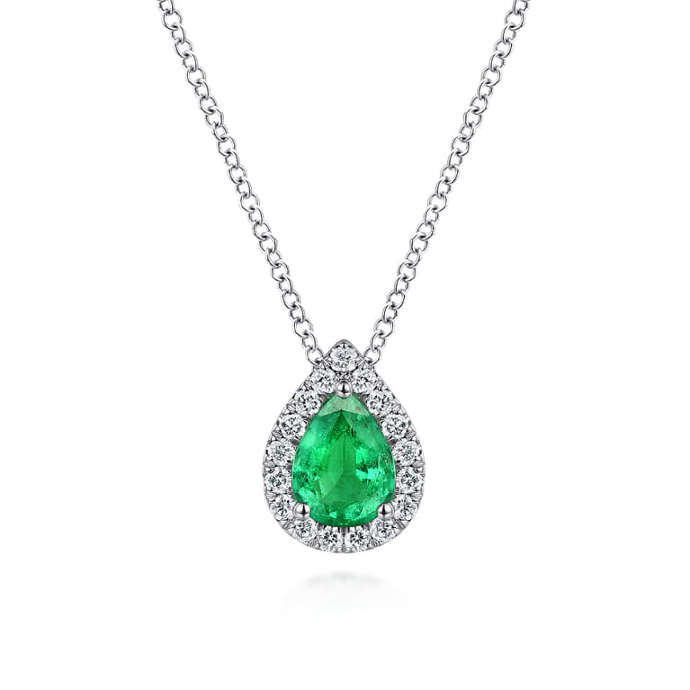 18 inch 14K White Gold Pear Shaped Emerald and Diamond Halo Pendant Necklace - 0.17 ct - Shot 1
