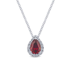 18 inch 14K White Gold Pear Shaped Ruby and Diamond Halo Pendant Necklace