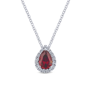 18 inch 14K White Gold Pear Shaped Ruby and Diamond Halo Pendant Necklace