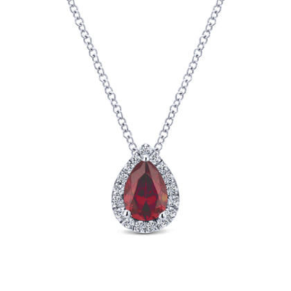 18 inch 14K White Gold Pear Shaped Ruby and Diamond Halo Pendant Necklace