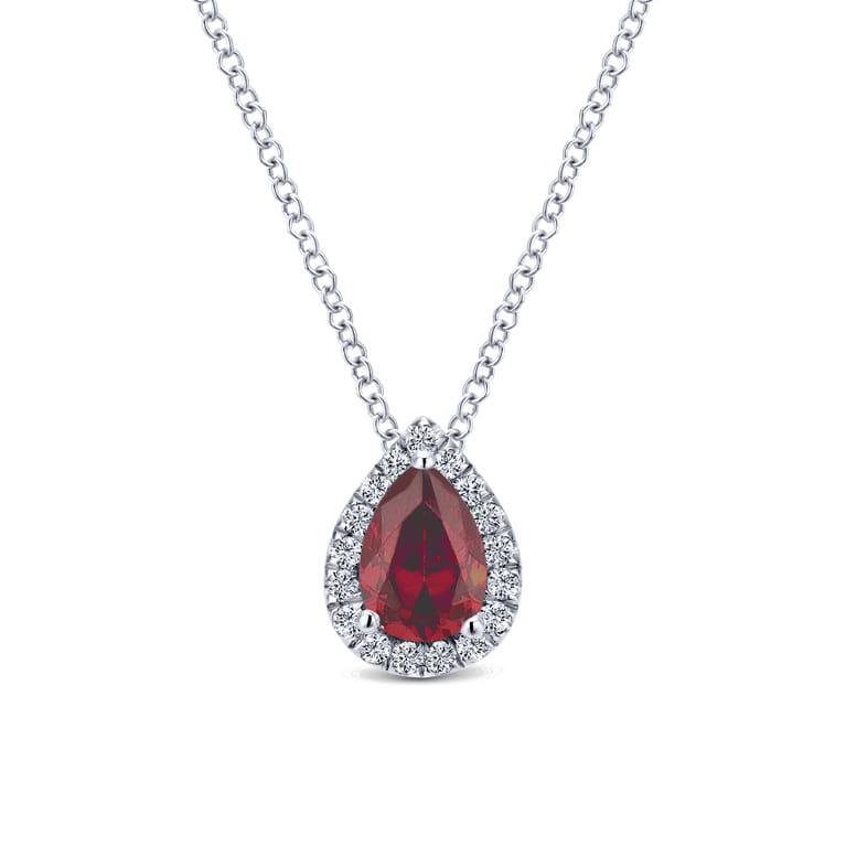 18 inch 14K White Gold Pear Shaped Ruby and Diamond Halo Pendant Necklace - 0.17 ct - Shot 1