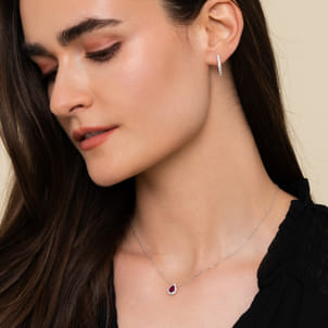 18 inch 14K White Gold Pear Shaped Ruby and Diamond Halo Pendant Necklace