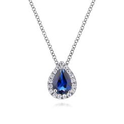 18 inch 14K White Gold Pear Shaped Sapphire and Diamond Halo Pendant Necklace