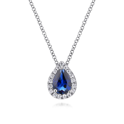 18 inch 14K White Gold Pear Shaped Sapphire and Diamond Halo Pendant Necklace