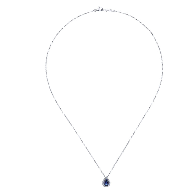 18 inch 14K White Gold Pear Shaped Sapphire and Diamond Halo Pendant Necklace