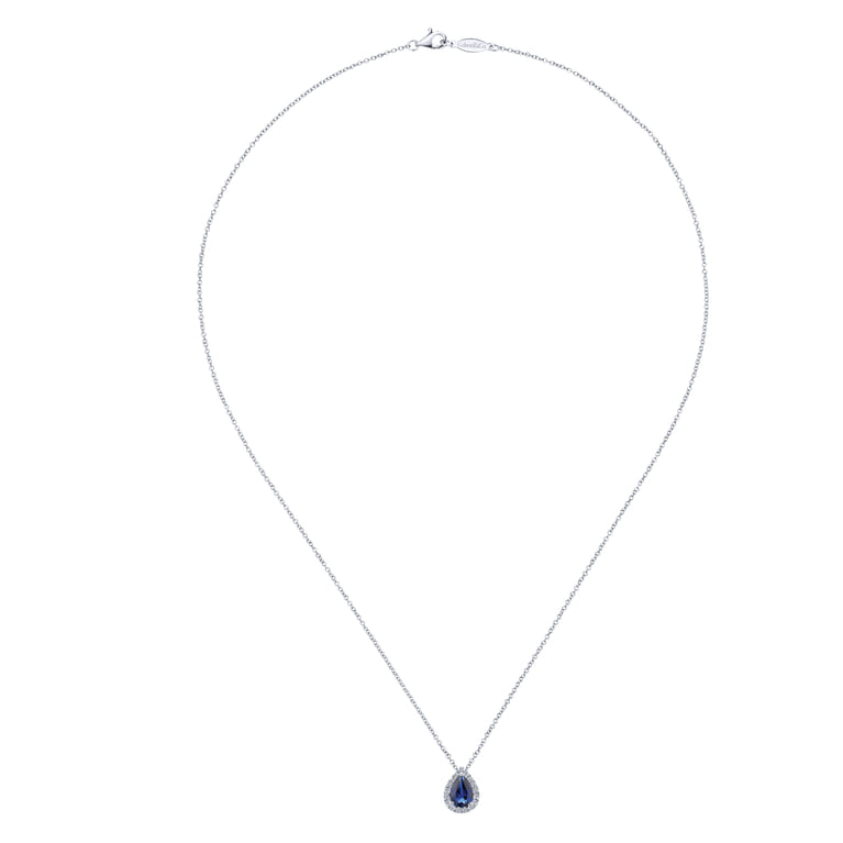 18 inch 14K White Gold Pear Shaped Sapphire and Diamond Halo Pendant Necklace - 0.17 ct - Shot 2