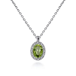 18 inch 14K White Gold Peridot and Diamond Halo Drop Necklace