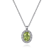 18 inch 14K White Gold Peridot and Diamond Halo Drop Necklace
