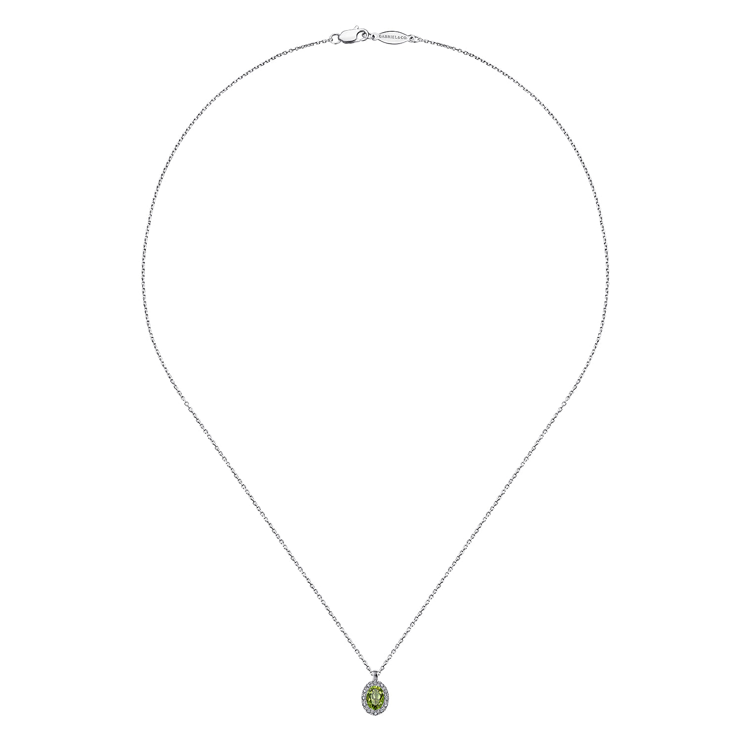 18 inch 14K White Gold Peridot and Diamond Halo Drop Necklace