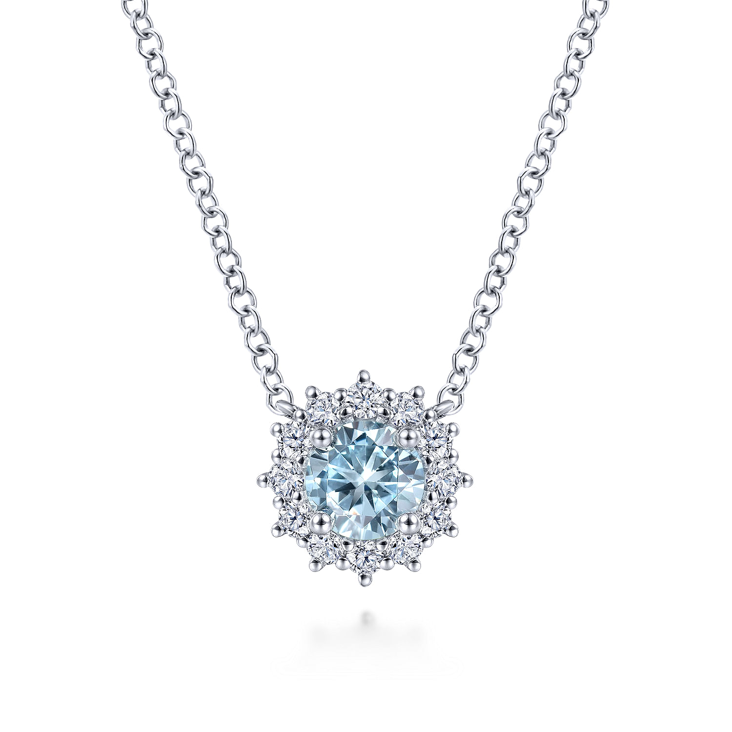 18 inch 14K White Gold Round Aquamarine and Diamond Halo Pendant Necklace