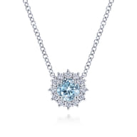 18 inch 14K White Gold Round Aquamarine and Diamond Halo Pendant Necklace