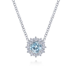 18 inch 14K White Gold Round Aquamarine and Diamond Halo Pendant Necklace