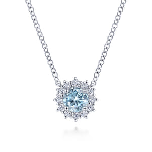 18 inch 14K White Gold Round Aquamarine and Diamond Halo Pendant Necklace
