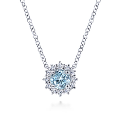 18 inch 14K White Gold Round Aquamarine and Diamond Halo Pendant Necklace