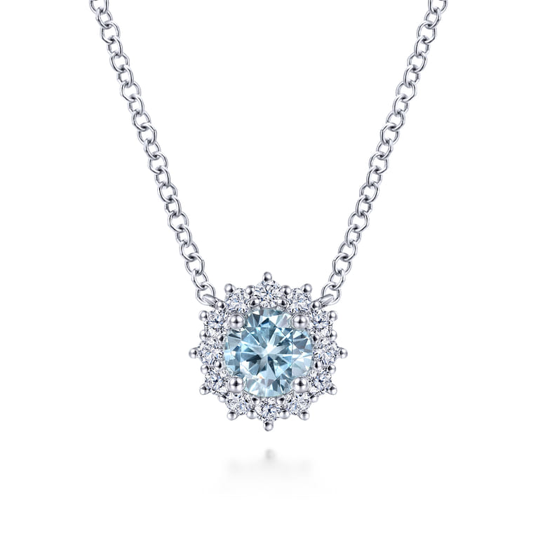 18 inch 14K White Gold Round Aquamarine and Diamond Halo Pendant Necklace - 0.2 ct - Shot 1