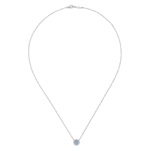 18 inch 14K White Gold Round Aquamarine and Diamond Halo Pendant Necklace