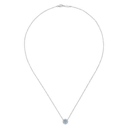 18 inch 14K White Gold Round Aquamarine and Diamond Halo Pendant Necklace