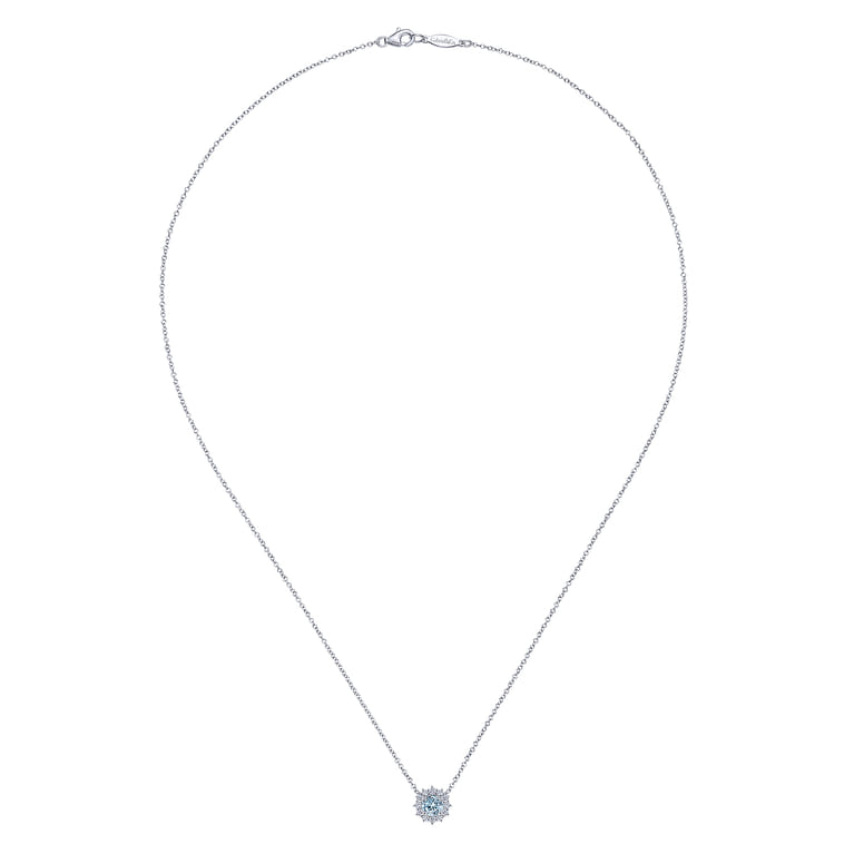 18 inch 14K White Gold Round Aquamarine and Diamond Halo Pendant Necklace - 0.2 ct - Shot 2
