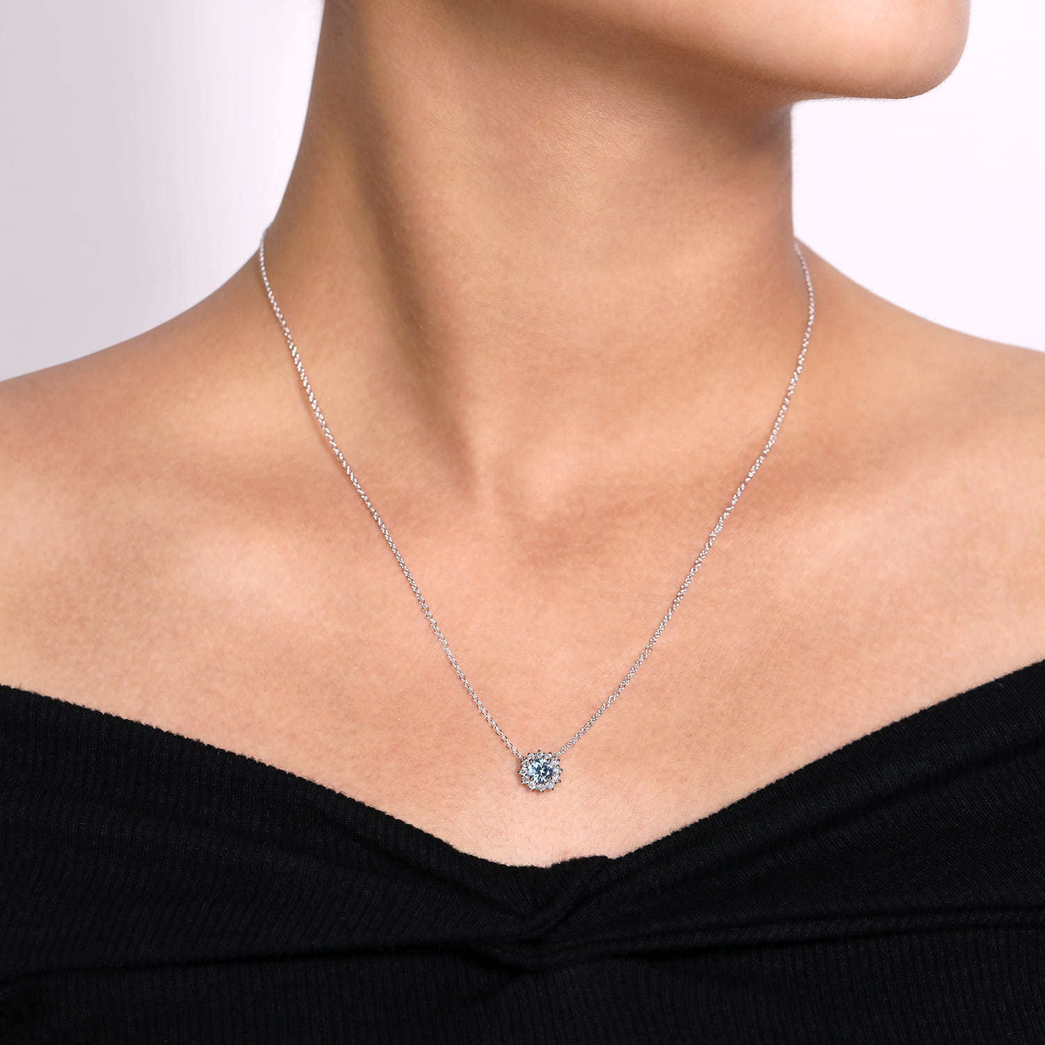 18 inch 14K White Gold Round Aquamarine and Diamond Halo Pendant Necklace