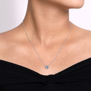 18 inch 14K White Gold Round Aquamarine and Diamond Halo Pendant Necklace