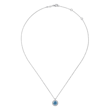 18 inch 14K White Gold Round Blue Topaz and Diamond Halo Pendant Necklace